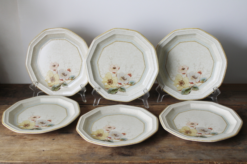 photo of 80s vintage Mikasa Japan stoneware salad or dessert plates, Firenze floral in soft colors hexagon shape  #1