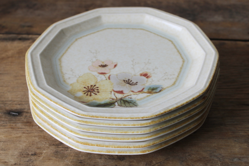 photo of 80s vintage Mikasa Japan stoneware salad or dessert plates, Firenze floral in soft colors hexagon shape  #9