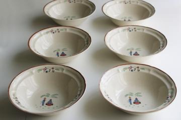 80s vintage Newcor stoneware cereal bowls, Our Country pattern folk art style print 