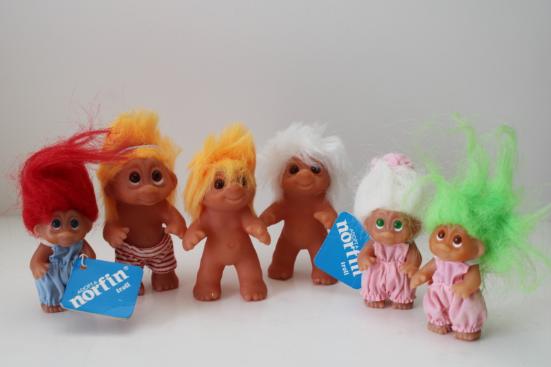photo of 80s vintage Norfin Dam trolls, mini troll doll lot Norfettes, some Norfin tags  #1