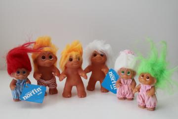 catalog photo of 80s vintage Norfin Dam trolls, mini troll doll lot Norfettes, some Norfin tags 