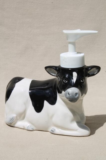 photo of 80s vintage Otagiri holstein cow liquid hand pump soap dispenser for country kitchen sink #1