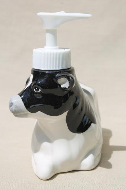 photo of 80s vintage Otagiri holstein cow liquid hand pump soap dispenser for country kitchen sink #2