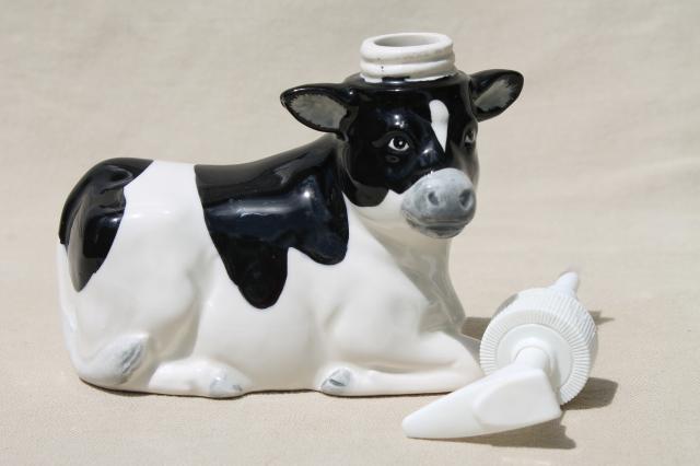 photo of 80s vintage Otagiri holstein cow liquid hand pump soap dispenser for country kitchen sink #5