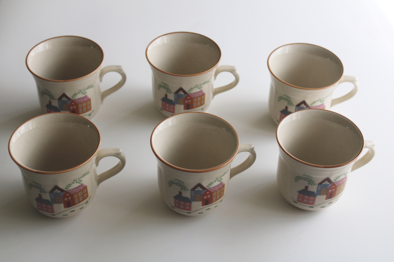 photo of 80s vintage Our Country Newcor stoneware mugs, village houses cottagecore print  #2