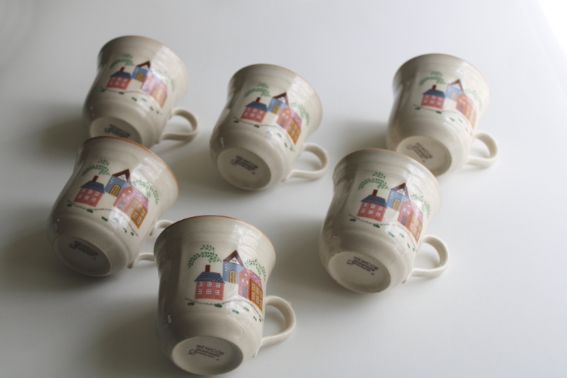 photo of 80s vintage Our Country Newcor stoneware mugs, village houses cottagecore print  #3