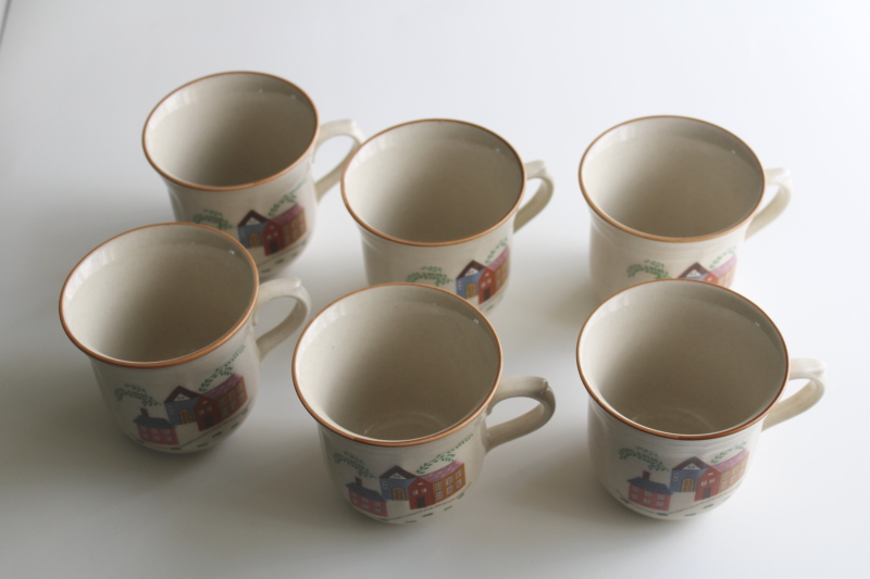 photo of 80s vintage Our Country Newcor stoneware mugs, village houses cottagecore print  #5