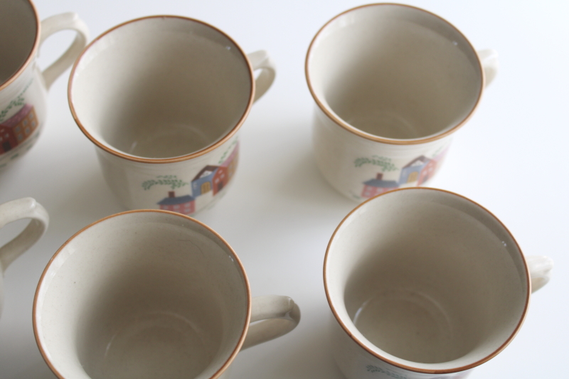 photo of 80s vintage Our Country Newcor stoneware mugs, village houses cottagecore print  #6
