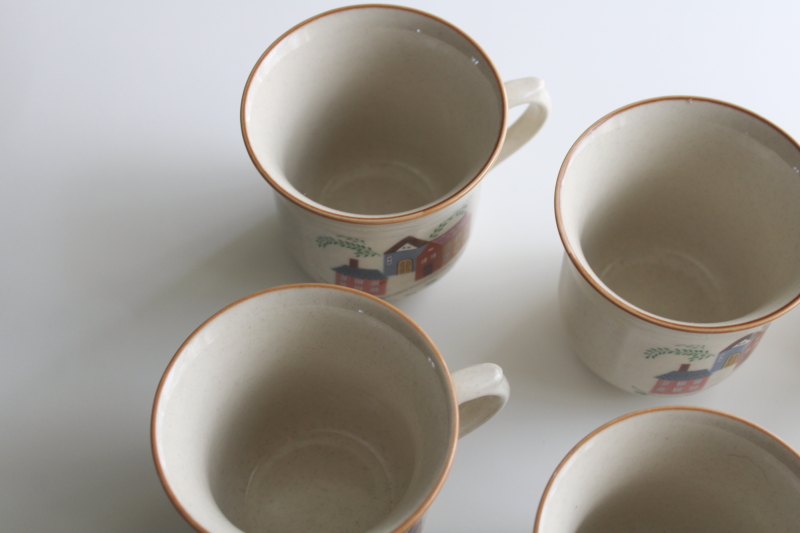 photo of 80s vintage Our Country Newcor stoneware mugs, village houses cottagecore print  #7