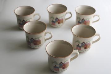 catalog photo of 80s vintage Our Country Newcor stoneware mugs, village houses cottagecore print 