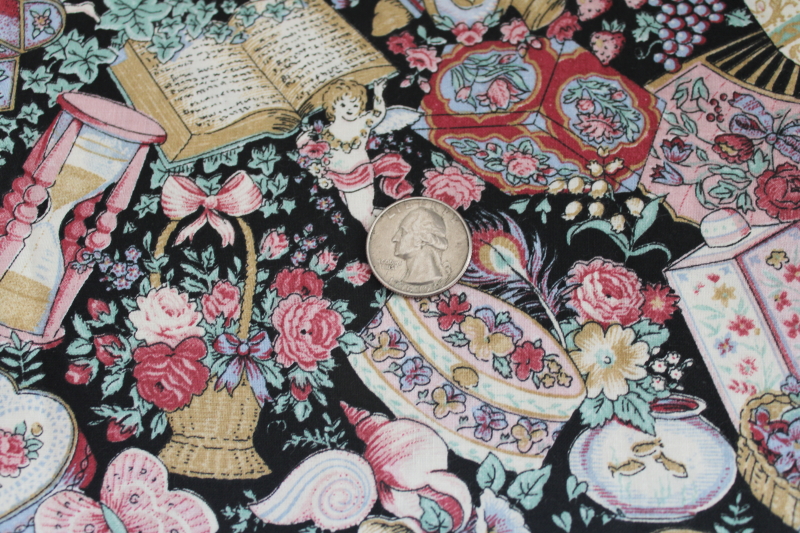 photo of 80s vintage Peter Pan cotton fabric, Victorian knick-knacks print on black background #2