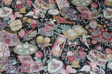 catalog photo of 80s vintage Peter Pan cotton fabric, Victorian knick-knacks print on black background