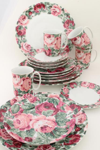 photo of 80s vintage Portugal ceramic dinnerware set, Block china Rose Garden pink floral #1