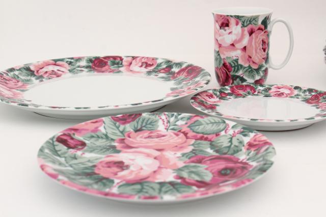 photo of 80s vintage Portugal ceramic dinnerware set, Block china Rose Garden pink floral #6