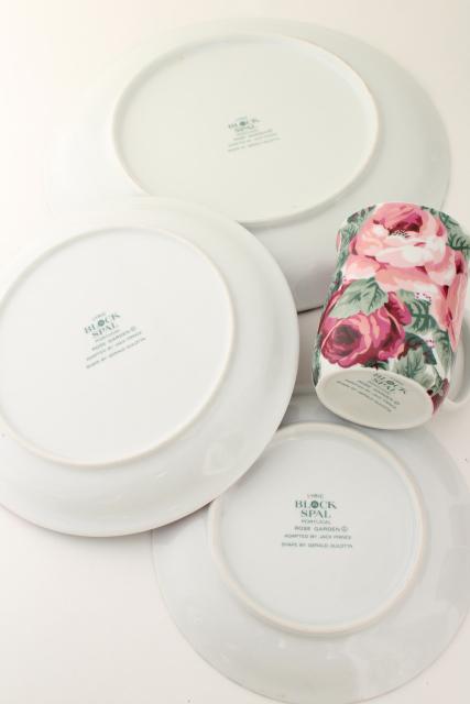 photo of 80s vintage Portugal ceramic dinnerware set, Block china Rose Garden pink floral #7