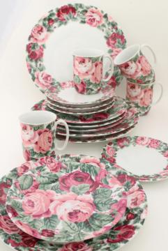 80s vintage Portugal ceramic dinnerware set, Block china Rose Garden pink floral