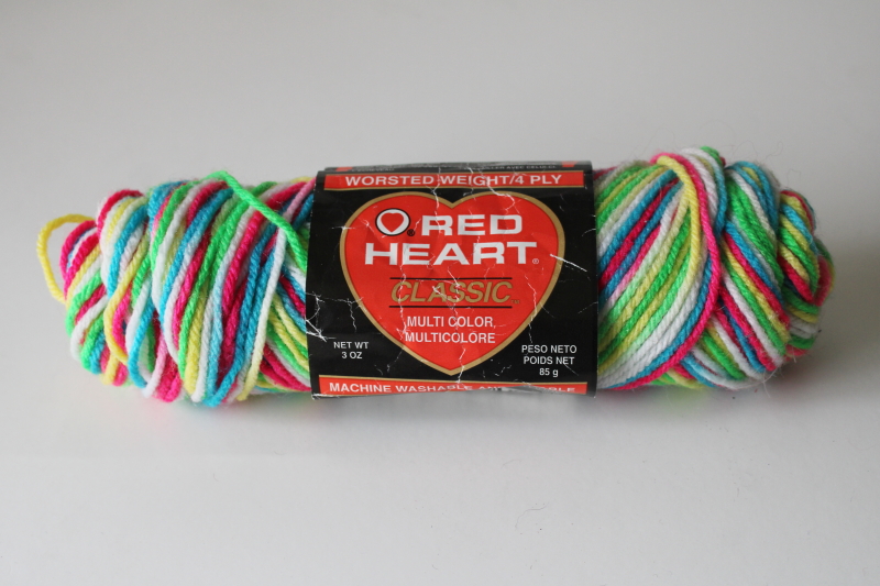 photo of 80s vintage Red Heart Classic yarn, neon bright rainbow pink aqua lime green & yellow w/ white  #1