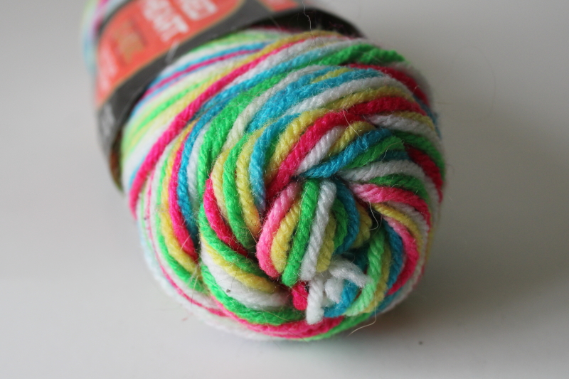 photo of 80s vintage Red Heart Classic yarn, neon bright rainbow pink aqua lime green & yellow w/ white #2