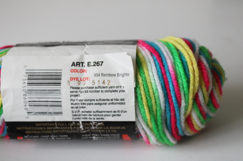 photo of 80s vintage Red Heart Classic yarn, neon bright rainbow pink aqua lime green & yellow w/ white #3