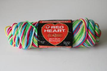 catalog photo of 80s vintage Red Heart Classic yarn, neon bright rainbow pink aqua lime green & yellow w/ white 