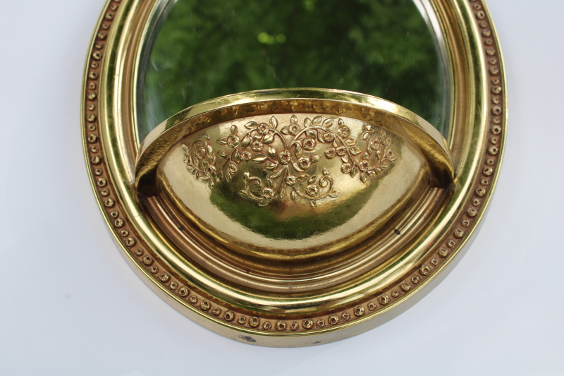 photo of 80s vintage Syroco gold plastic ornate frame oval glass mirror w/ wall pocket planter for greenery  #2