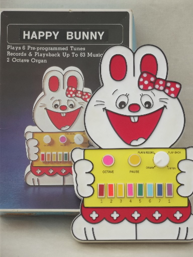 photo of 80s vintage Taiwan plastic Happy Bunny piano keys battery operated music toy  #1