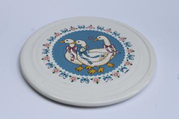 catalog photo of 80s vintage Treasure Craft Ribbon Geese goose w/ bow pattern ceramic trivet 