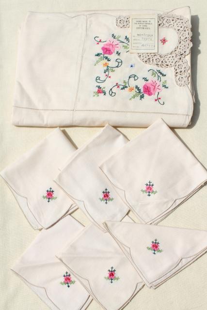 photo of 80s vintage applique cotton lace tablecloth & napkins, mint w/ original Chinese label #1