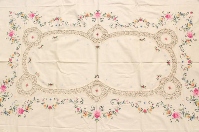 photo of 80s vintage applique cotton lace tablecloth & napkins, mint w/ original Chinese label #3