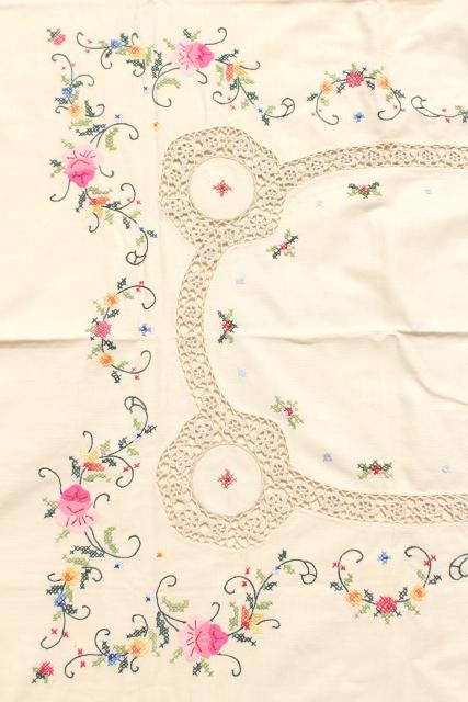 photo of 80s vintage applique cotton lace tablecloth & napkins, mint w/ original Chinese label #7