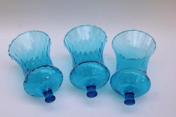 catalog photo of 80s vintage aqua blue glass candle shades, peg type candle holder cups lot of three 