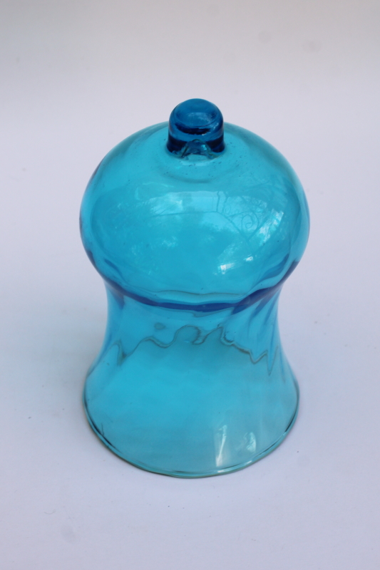photo of 80s vintage aqua blue glass votive candle holder, single peg type candle cup  #3