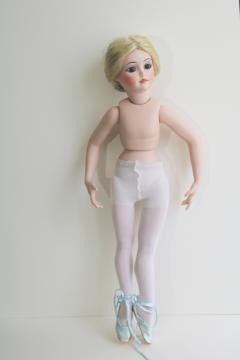 photo of 80s vintage bisque china ballerina doll, en pointe dancer poseable arms & legs