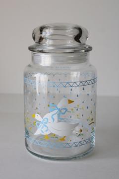 80s vintage blue ribbon bow goose print Farm Country Anchor Hocking glass canister jar 