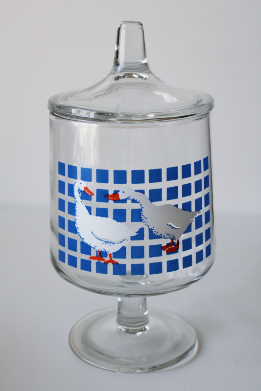 photo of 80s vintage blue w/ goose print glass candy dish, apothecary jar canister w/ pair of geese  #1