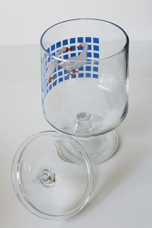 photo of 80s vintage blue w/ goose print glass candy dish, apothecary jar canister w/ pair of geese #3