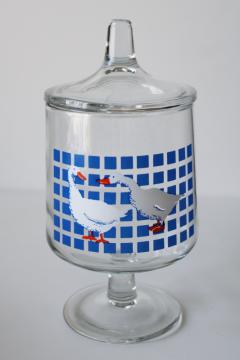 catalog photo of 80s vintage blue w/ goose print glass candy dish, apothecary jar canister w/ pair of geese 