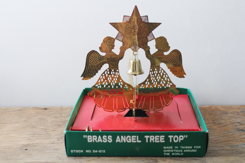 photo of 80s vintage brass angels w/ bell Christmas tree topper in original box  #1