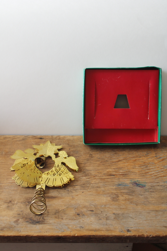 photo of 80s vintage brass angels w/ bell Christmas tree topper in original box  #3