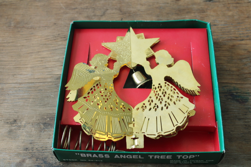 photo of 80s vintage brass angels w/ bell Christmas tree topper in original box  #6
