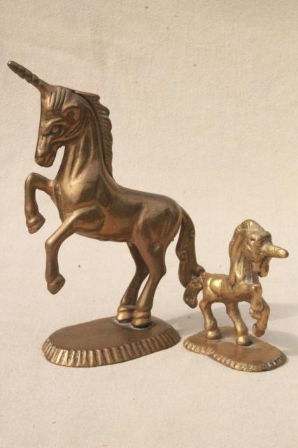 photo of 80s vintage brass animals, large & small unicorn figurines, fantasy unicorn mother & baby #2