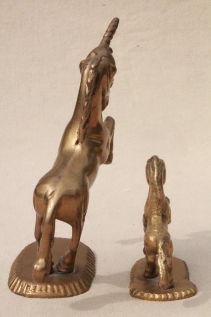 photo of 80s vintage brass animals, large & small unicorn figurines, fantasy unicorn mother & baby #7