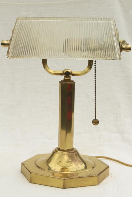 photo of 80s vintage brass bankers lamp, desk light w/ clear ribbed prismatic glass shade #2