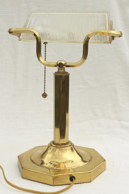 photo of 80s vintage brass bankers lamp, desk light w/ clear ribbed prismatic glass shade #5