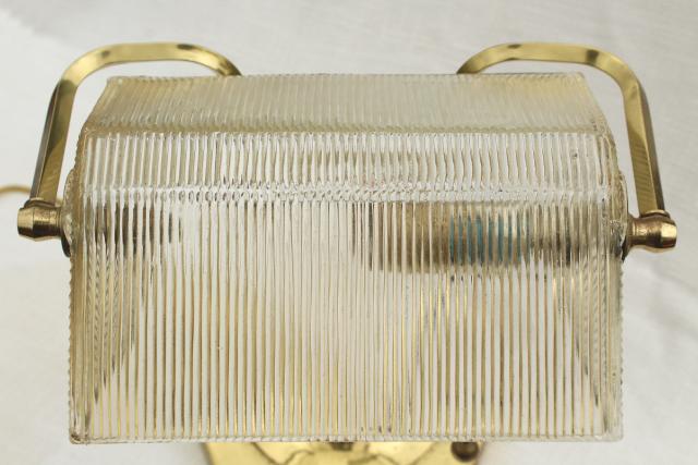 photo of 80s vintage brass bankers lamp, desk light w/ clear ribbed prismatic glass shade #6