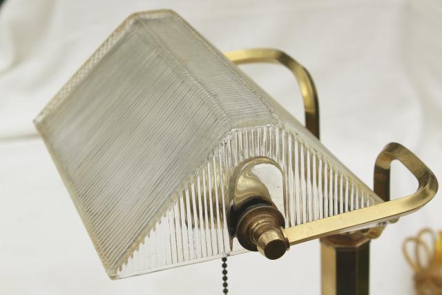 photo of 80s vintage brass bankers lamp, desk light w/ clear ribbed prismatic glass shade #9