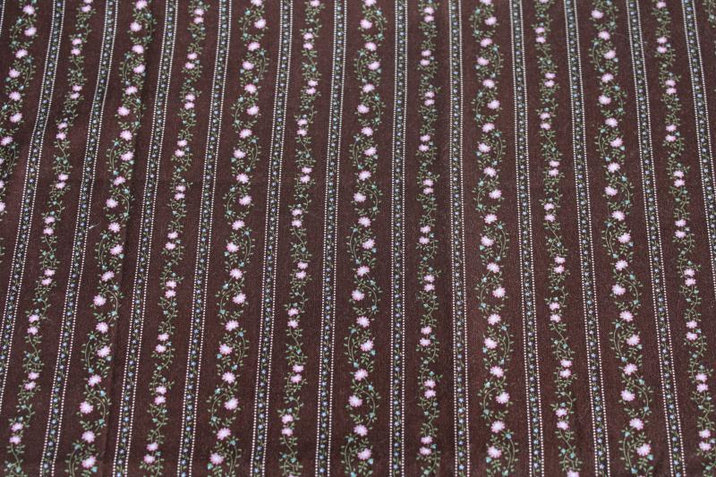 photo of 80s vintage calico cotton fabric, prairie girl floral stripe pink on dark brown #1