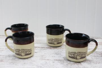 catalog photo of 80s vintage ceramic coffee mugs Hardees advertising rise and shine homemade biscuits