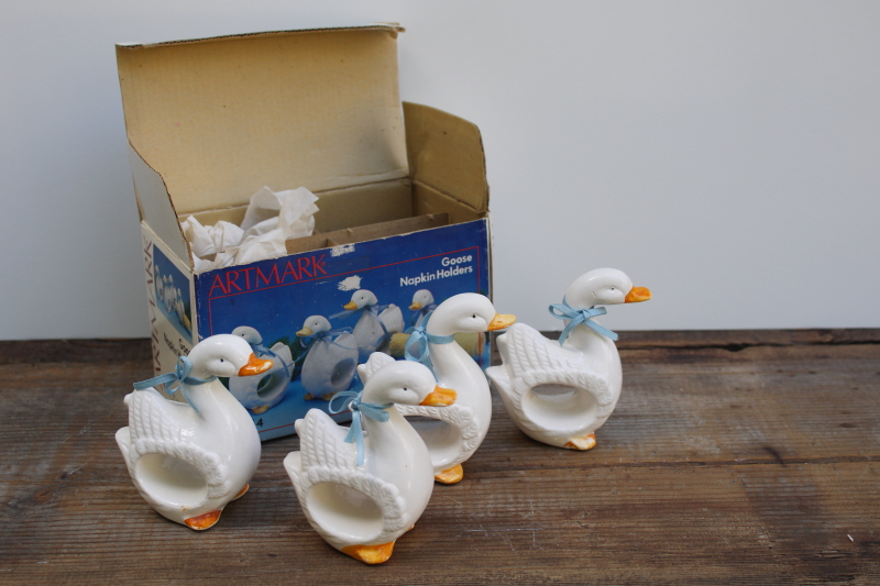 photo of 80s vintage ceramic geese napkin holders goose w/ bow napkin rings Artmark box #1
