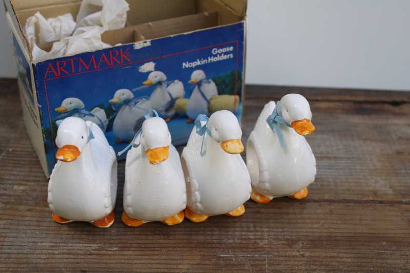 photo of 80s vintage ceramic geese napkin holders goose w/ bow napkin rings Artmark box #2